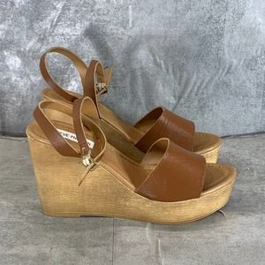 Steve Madden Women's Cognac Leather Welsh Ankle-Strap Wedge Sandals SZ 10